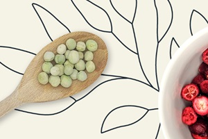 Freeze-dried ingredients, including peas and cherries