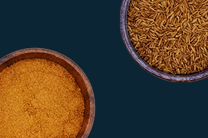 Two bowls of cumin on a navy background