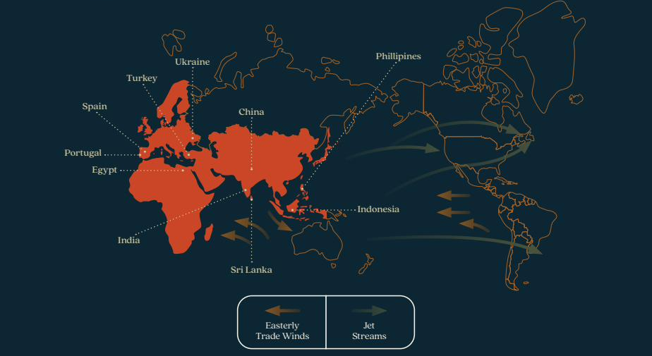 Map showing El Niño's Easterly Trade Winds and Jet Streams across our key sourcing origins